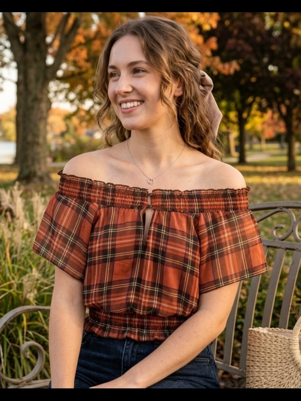 Ali & Kris Plaid Off-The-Shoulder Smocked Blouse M